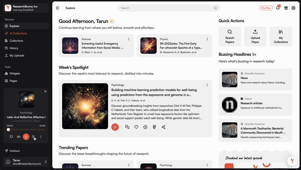 ResearchBunny web platform showcasing research audio collection