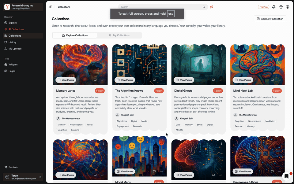 ResearchBunny web platform showcasing research audio collection