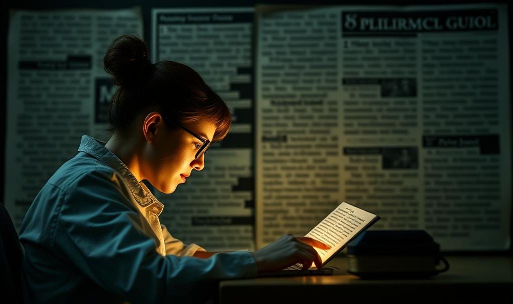 A women reading research papers